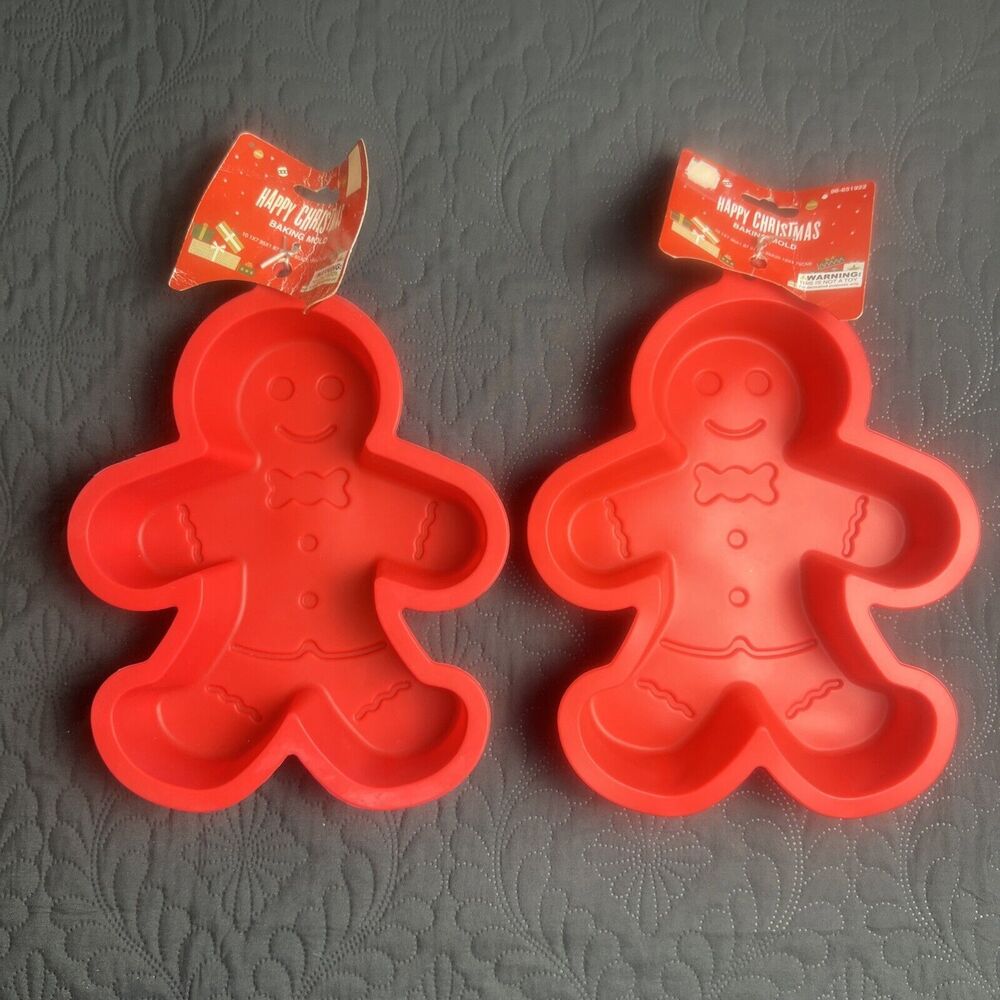 Gingerbread Man Christmas Silicone Baking Mold 10” 2pc Bakers Lot NEW Red Treats